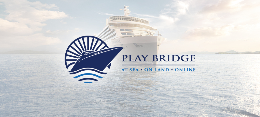 Cruise ship on the ocean with Play Bridge logo and text: 
